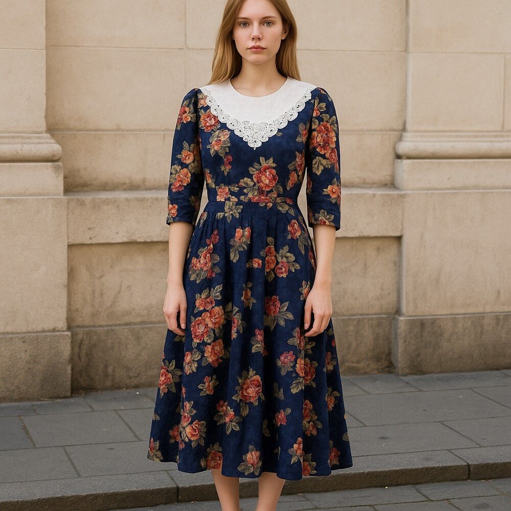 Vintage 80s Blue Pink Floral Lace Collar Grandmacore Soft Girl Whimsical Dress